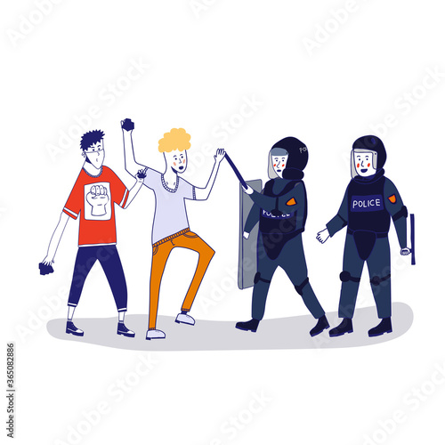 Street riots and protests. Protesting men with a Molotov cocktail are confronting the police. Vector illustration, isolated on white background.