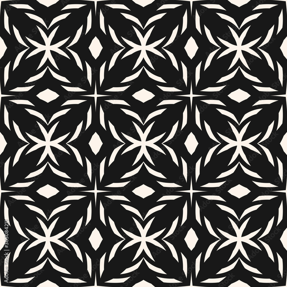 Monochrome seamless pattern. Black and white vector ornament texture with crosses, diamonds, floral shapes, grid, lattice. Gothic style background. Repeat design for decoration, fabric, furniture