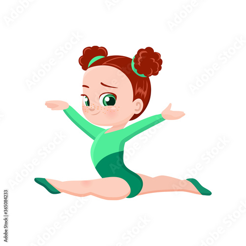 vector icon of a cheerful cute athletic gymnast girl sitting on a twine, exercise in rhythmic gymnastics competitions, sticker for print and for website, acrobatic athlete rhythmic gymnastics, olympic