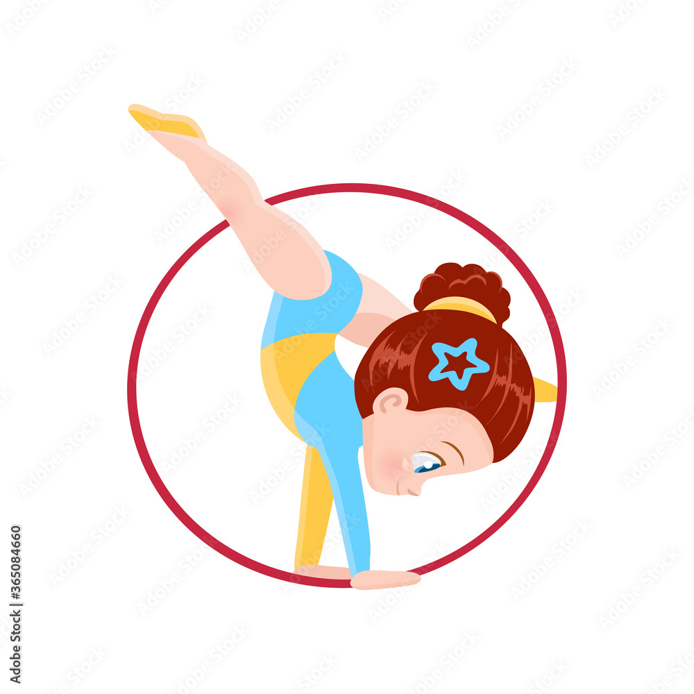 vector icon of a cheerful cute athletic gymnast girl sitting on a twine, exercise in rhythmic gymnastics competitions, sticker for print and for website, acrobatic athlete rhythmic gymnastics, olympic