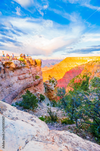 Panoramic image of the colorful Sunset on the Grand Canyon in Grand Canyon National Park from the south rim part,Arizona,USA, on a sunny cloudy day with blue or gloden sky