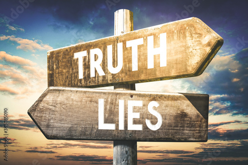 Fototapeta Truth, lies - wooden signpost, roadsign with two arrows