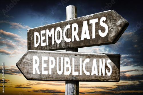 Democrats, republicans - wooden signpost, roadsign with two arrows