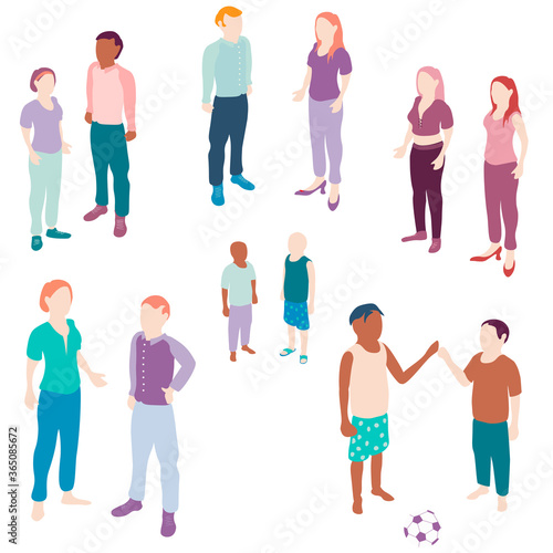 Set of 2.5D / isometric interracial casual people hanging out. Isolated illustrations of men, women and children standing on transparent background.