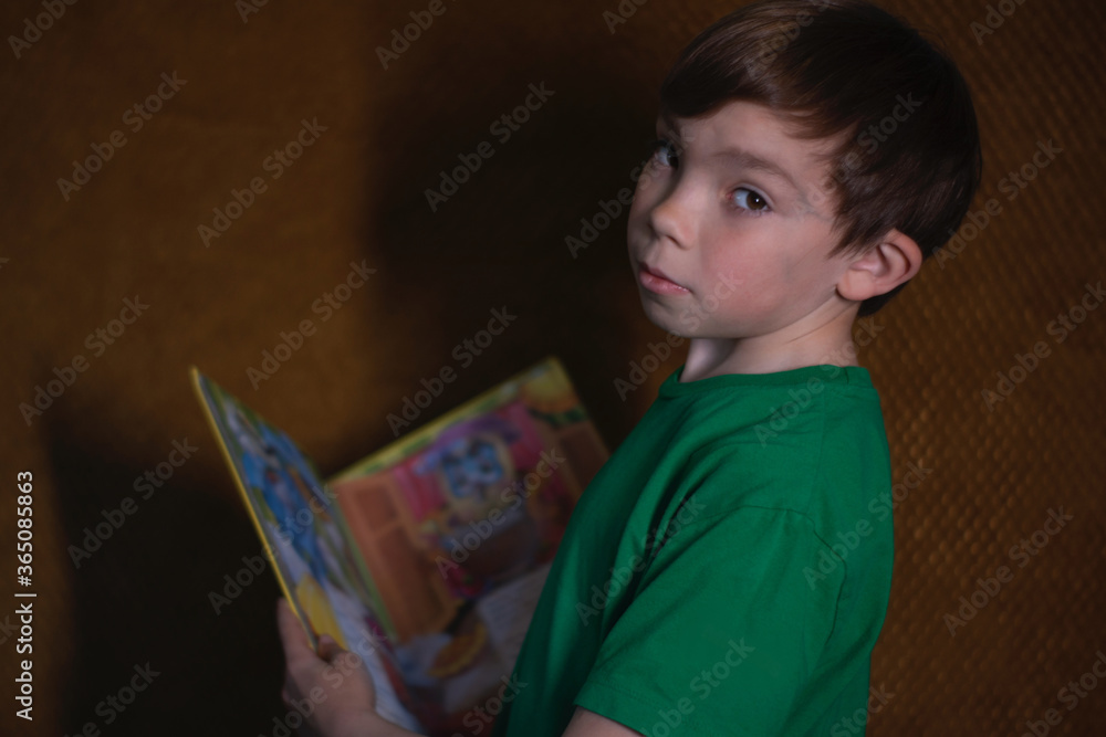 portrait of a pensive nine year old blond boy in a green t-shirt on brown background reading a yellow book with bright pictures. home schooling portrait of a pensive nine year old blond boy in a green t-shirt on brown background reading a yellow book with bright pictures. home schooling