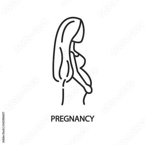 Silhouette of a pregnant woman line icon. She has long hair. Girl awaiting the birth of a baby.