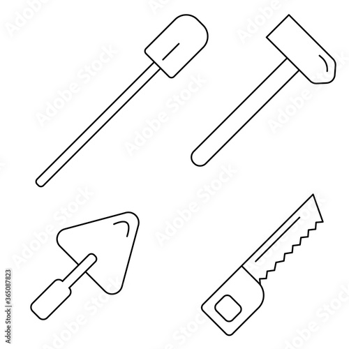 Vector graphics, black icons, shovel, hacksaw, construction spatula, hammer on white background. Flat design. EPS 10.