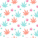 Seamless pattern of greenish cannabis marijuana leafs on black background. Repetitive tile vector background design. 