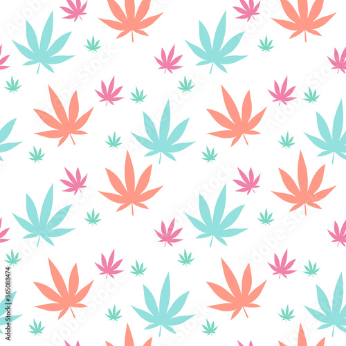 Seamless pattern of greenish cannabis marijuana leafs on black background. Repetitive tile vector background design. 