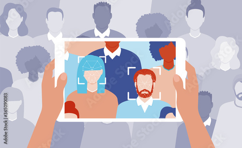 Face recognition concept. Vector illustration. Men and women faces scanning. 