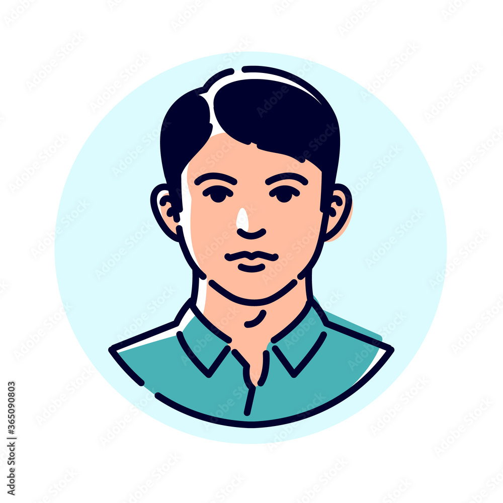 Illustration of a stylish young man.  Avatar of a man for profile. Mascot for companies. The image of a client for a men's hairdresser. Very beautiful character. The image of an excellent student boy.