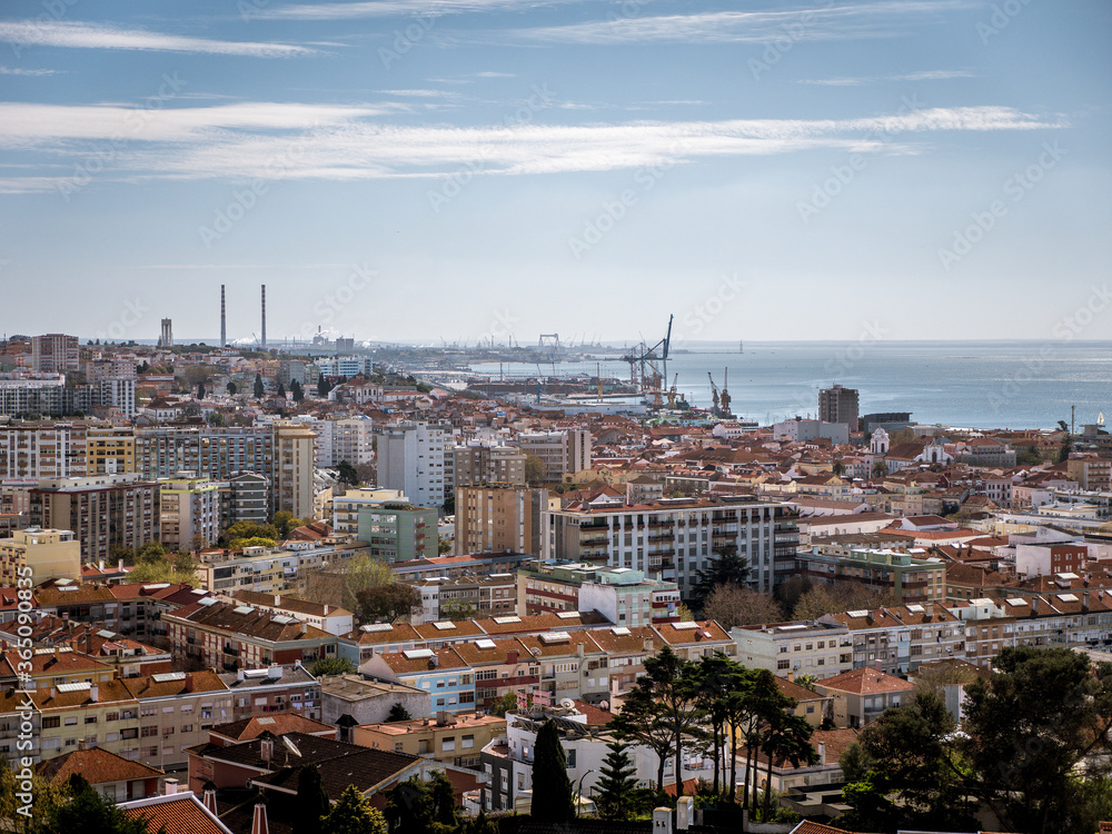 Panoramic View of Setubal City, in Portugal. Industrial region near Lisbon. Sado River in the background