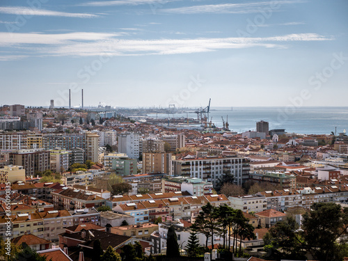 Panoramic View of Setubal City, in Portugal. Industrial region near Lisbon. Sado River in the background photo