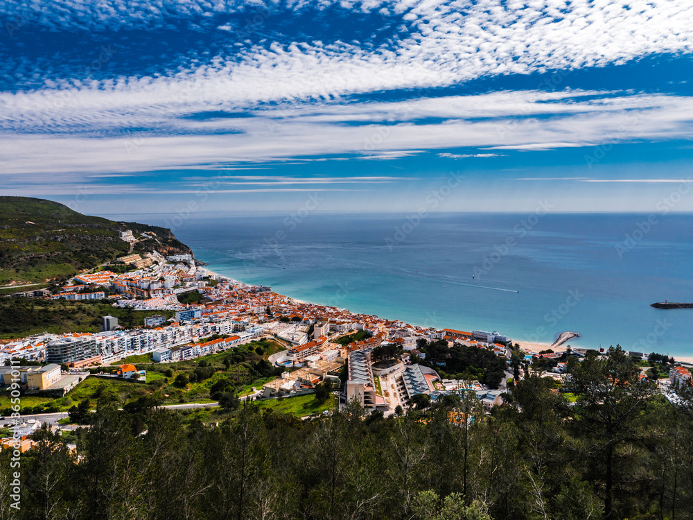 Beautiful view of Sesimbra City from Medieval Castle. Ancient Moorish fortification in Portugal.  