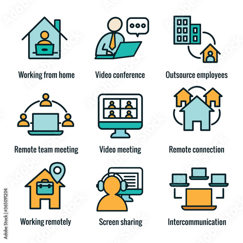 Remote work icon set with work from home, video meetings, etc