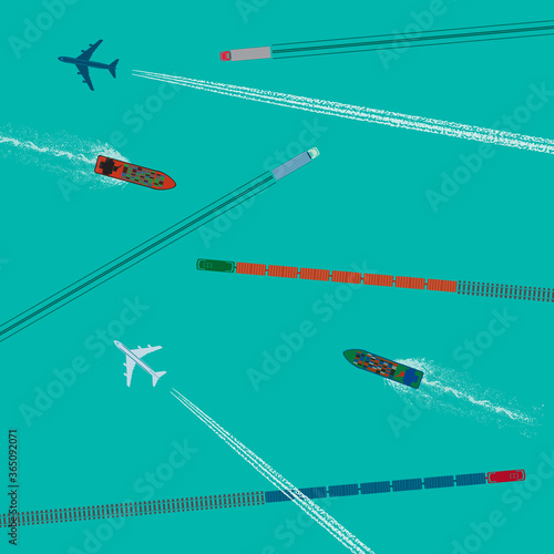 Means of Transportation Logistics Concept with Large Scale Vehicle Ship Plane and Train Making Traces Top View Icons Set - Colored Elements on Turquoise Background - Flat Graphic Design