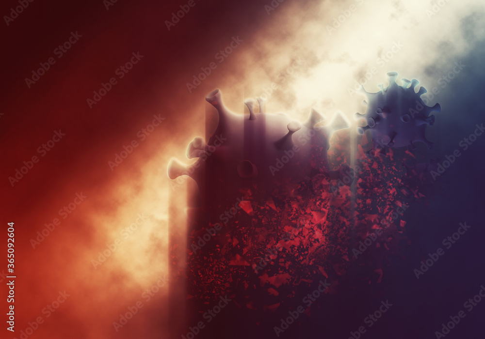 vaccination, destruction, disintegration,Coronavirus COVID-19 . 3d illustration vaccination, destruction, disintegration,Coronavirus COVID-19 . 3d illustration