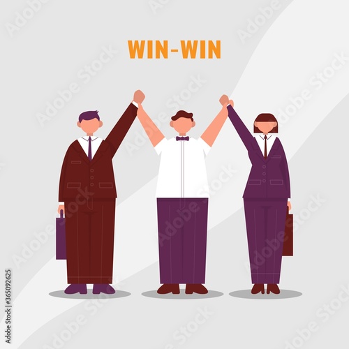 Referee raises two hands of businessmen and businesswoman. Win to Win. Color vector cartoon illustration.