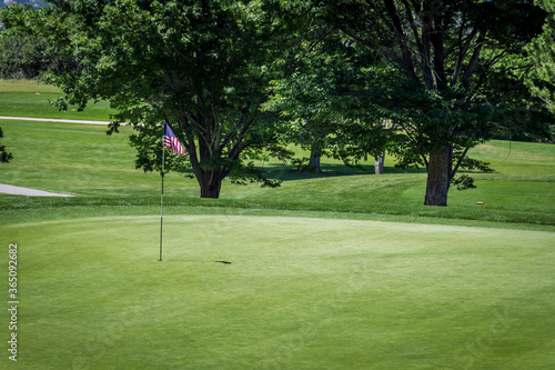 Golfing Green with American Flag Cup Flag