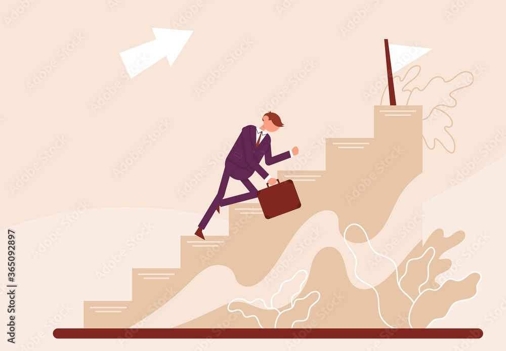 Businessman crawls on a development ladder. Color vector cartoon illustration.