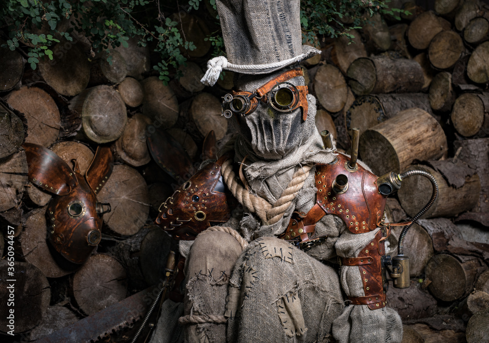 Obraz premium Futuristic character cyborg stalker. Art Photography in steampunk style.