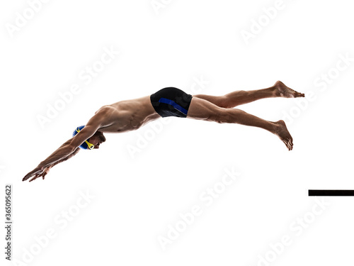 one caucasian man sport swimmer swimming silhouette isolated on white background