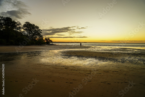 Golden glow of sunset on the beach at low tide, with silhouette of two people in the distance. Dunwich, North Stradbroke Island, Queensland, Australia. photo