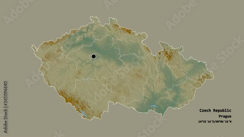 Ústecký, region of Czech Republic, with its capital, localized, outlined and zoomed with informative overlays on a relief map in the Stereographic projection. Animation 3D