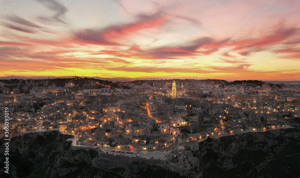 Aerial view of Sunset in Matera, Italy