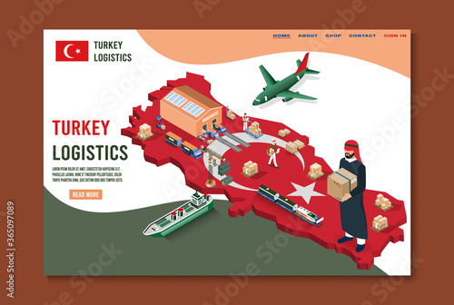 Modern isometric concept of Turkey Logistics Landing page with Global Logistics, Warehouse, Sea Freight. 
Easy to edit and customize. Vector illustration