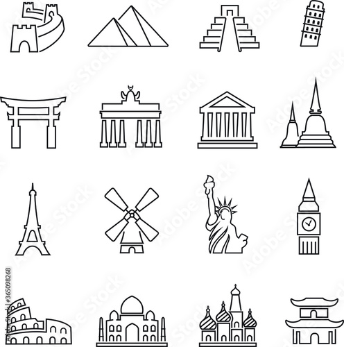 landmarks and monuments icons set