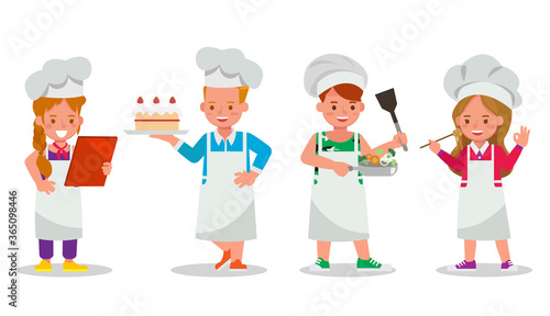 Set of children character vector design. Kid chef are preparing food.