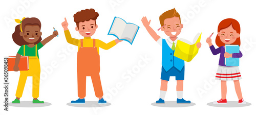 Set of children character vector design. kids studying and learning together. Boys and girl reading books.