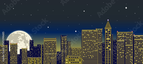 A night cityscape with skyscrapers and buildings with glowing windows in golden and yellow shades, stars in the sky and rising full moon. Vector flat illustration.