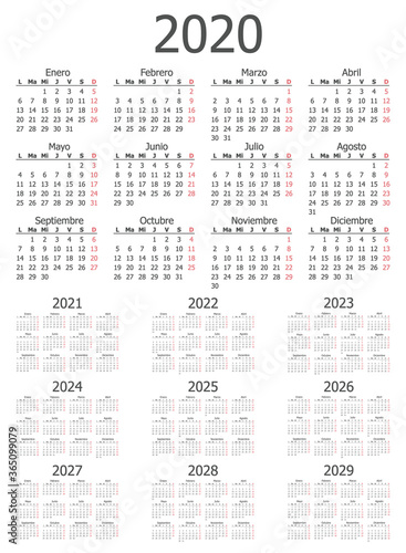 Calendar dates by month from 2020 through to 2029 for use as design elements, vector illustration