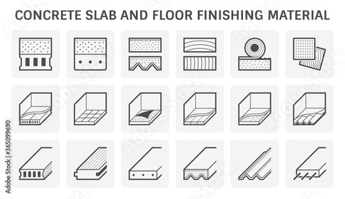 Concrete slab and floor finishing material vector icon set design on white background.