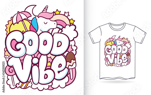 Hand drawn unicorn with typography doodle art for t shirt