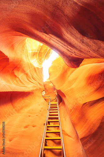 Beautiful wide angle view of amazing sandstone formations in famous Antelope Canyon on a sunny day in the morning near the old town of Page at Lake Powell, American Southwest, Arizona, USA