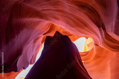 Beautiful wide angle view of amazing sandstone formations in famous Antelope Canyon on a sunny day in the morning near the old town of Page at Lake Powell, American Southwest, Arizona, USA
