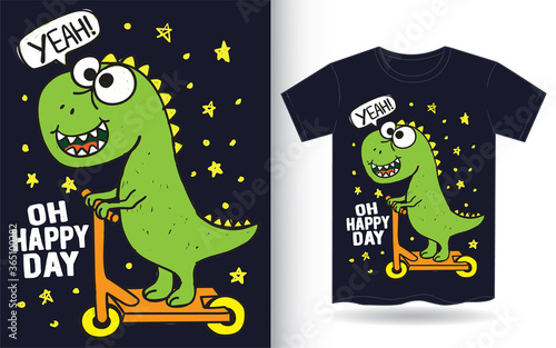 Cute dinosaur riding kick scooter hand drawn for t shirt