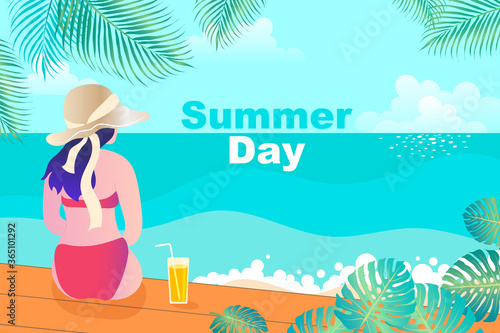 Embrace the summer vibe! A woman enjoys a relaxing moment on a tropical beach, surrounded by palm leaves and ocean waves. This image captures the essence of a perfect summer vacation and relaxation.