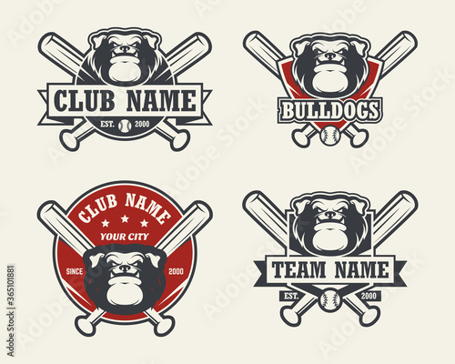 Dog bulldog head sport logo. Set of baseball emblems, badges, logos and labels. Design element for company logo, label, emblem, apparel or other merchandise. Scalable and editable Vector illustration.