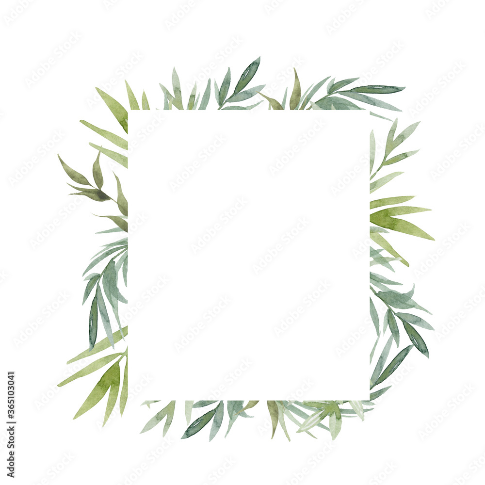 Floral greenery card design: branch green leaves circle frame. Wedding invite poster invitation Watercolor hand drawn art illustration