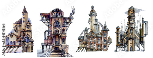 Set Steampunk architecture. Houses with a lighthouses and metal gears. Hand drawn watercolor sketch. Isolated over white background.  Fantastic steampunk houses. 