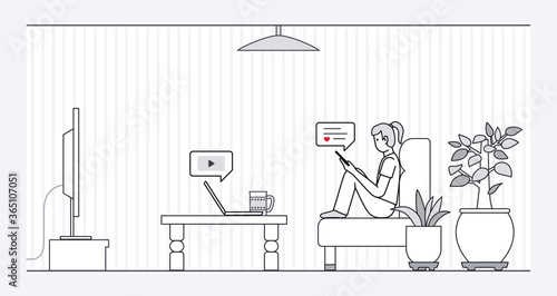 Work from home: new normal concept , stay at home, online learning, isolated woman looking at mobile phone while working on computer, editable stroke illustration