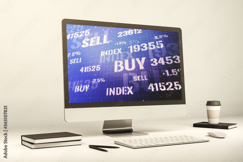 Modern computer screen with abstract creative financial chart, research and analytics concept. 3D Rendering Modern computer screen with abstract creative financial chart, research and analytics concept. 3D Rendering