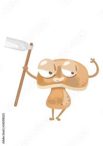 mushroom holding gardening hoe