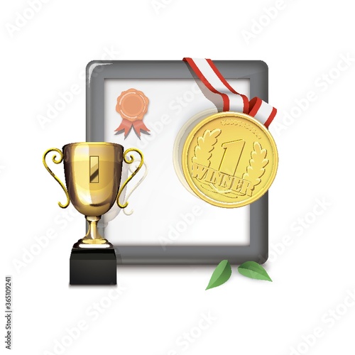 trophy with medal and certificate