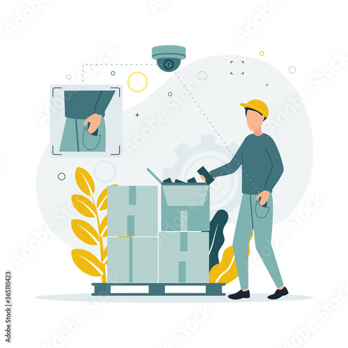 Video monitoring. A vector illustration of a man in a helmet takes goods from a box on a pallet, lays in his pocket, a surveillance camera takes it off