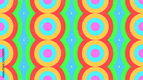 Retro repeating vector pattern, colourful circles. Gerrn, blue, orange, yellow, pink, red. Background/wallpaper/texture.